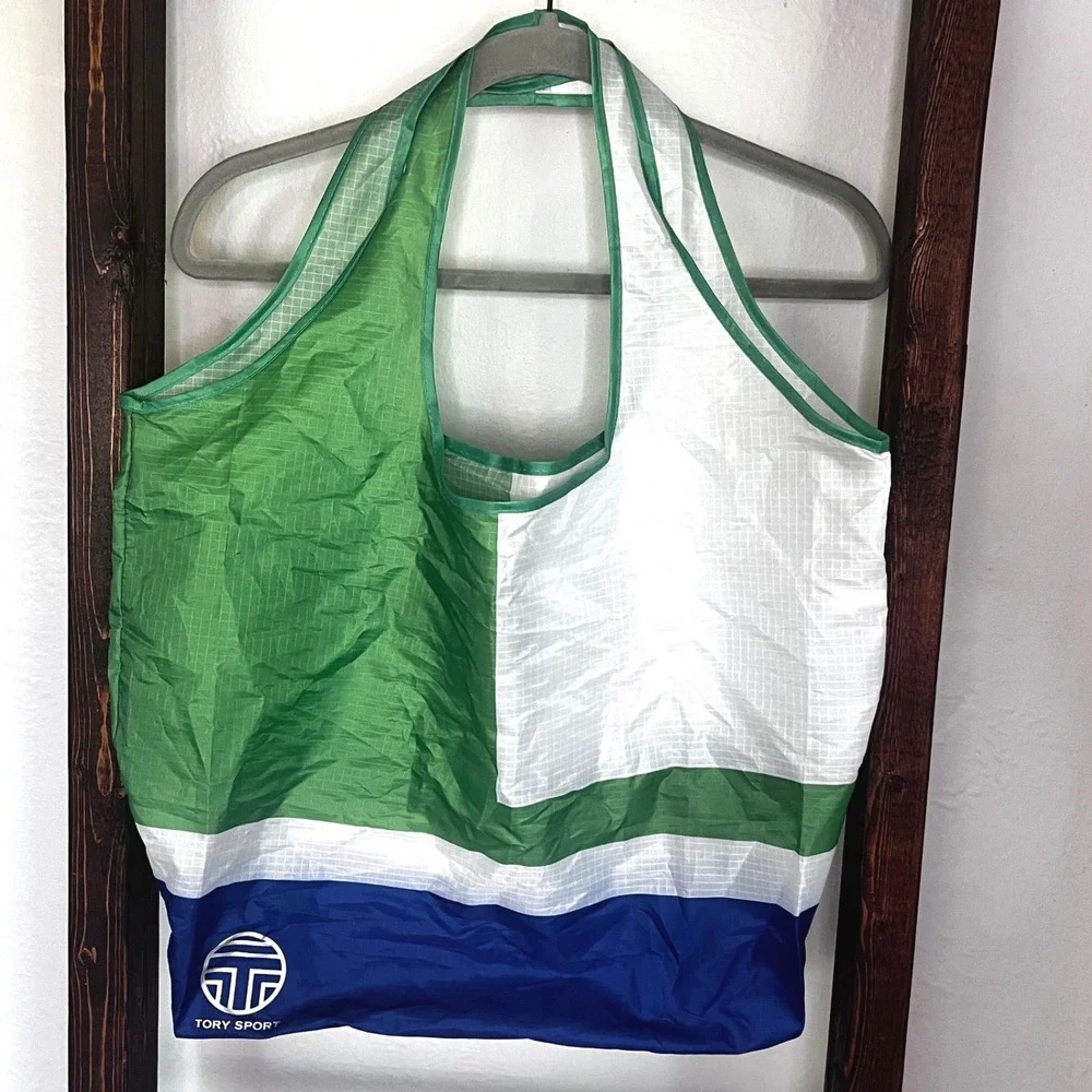Tory Birch Sport Colorblock Ripstop Nylon Reusable Tote Bag Green White Navy